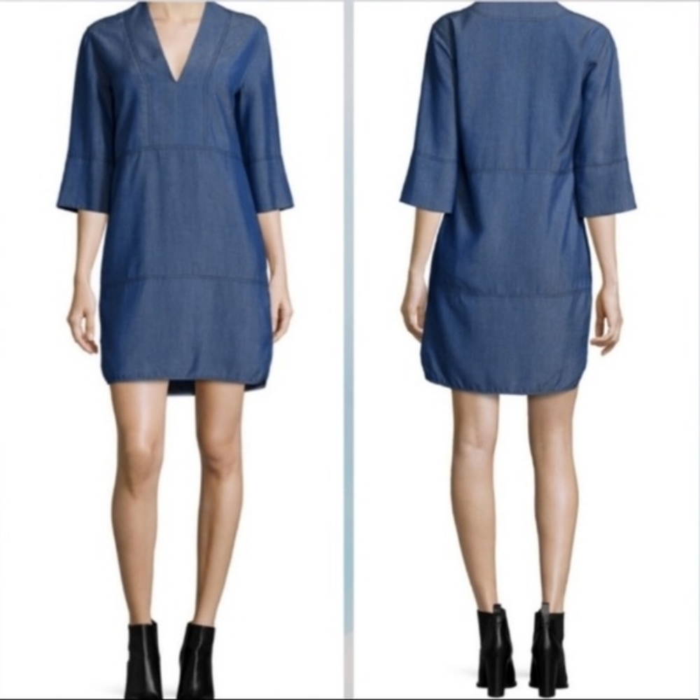 Vince Chambray Lyocell Shift Dress Tiered 3/4 Sleeve Tunic Mini Dress Size XXS